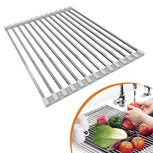 LUEXBOX Roll Up Dish Drying Rack, 17 inch Stainless Steel in Sink Dish Drying Rack, Multipurpose Foldable Kitchen Sink Rack Mat for Dishes, Cups, Fruits Vegetables, Multi-Use Drying, Draining - color: Silvery Grey