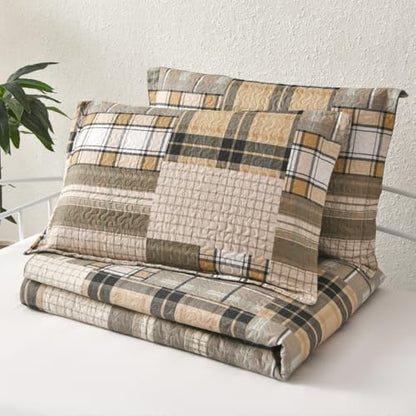 Jarson 3 Pcs Plaid Daybed Cover Set Twin Size Brown Beige Sofa Cover Double Side Bed Set Classic Patchwork Bedding Sets Daybed Quilt Set with Pillow Shams - color: Brown Beige