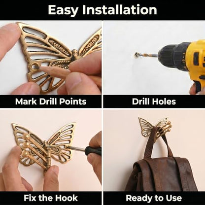 Indian Shelf Brass Butterfly Swivel Wall Hook, Foldable Tri-Arm Gold Hanger - style: Butterfly