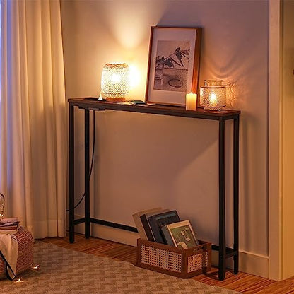 HOOBRO 39.4" Skinny Console Table with Power Outlet, 5.9" Behind Couch Table with Charging Station, Narrow Sofa Table, Long and Thin Table for Entryway, Living Room, Rustic Brown BF51UXG01 - color: Rustic Brown + Black, size: 39.4"L x 5.9"W x 31.5"H