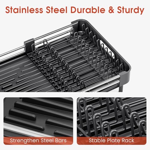 TOOLF Expandable Dish Drying Rack with Cutlery Holder, Standard, Black | Stainless Steel &PP, Extenable 12.6"-18.7"D, Anti-Rust, Auto-Drainage, Space-Saving, Fit for RV, Apartment Sink Countertop - color: Black