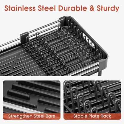 TOOLF Expandable Dish Drying Rack with Cutlery Holder, Standard, Black | Stainless Steel &PP, Extenable 12.6"-18.7"D, Anti-Rust, Auto-Drainage, Space-Saving, Fit for RV, Apartment Sink Countertop - color: Black