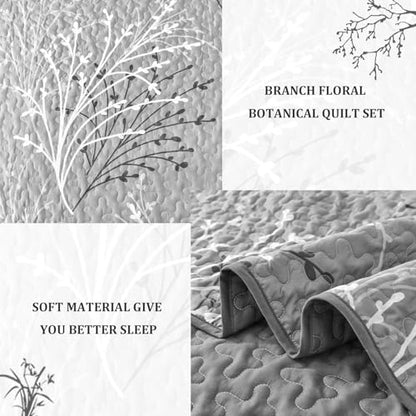DJY Grey Quilt Set Queen Size - Branch Botanical Bedspread Coverlet Set | 3 Pieces Gray Floral Quilt Bedding Set, Soft Lightweight Microfiber Reversible Summer Quilt Set, 96''x90'' - color: Grey, size: Queen