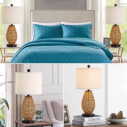 CINSARY Touch Control Rattan Table Lamp, 3 Way Dimmable Bedside Lamp for Bedroom with 2 USB Ports and AC Outlet, Wicker Nightstand Lamps for Living Room(LED Bulb Included), Rattan-1PK - color: Rattan-1PK