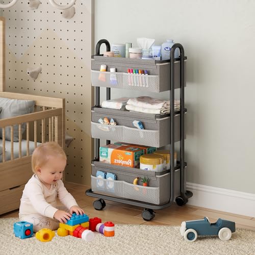 3-Tier Baby Diaper Caddy Organizer Cart, Mobile Nursery Storage Carts with Wheels, 3 Dividers & 6 Mesh Pockets Durable Metal Utility Cart for Nursery, Bedroom, Bathroom, Baby Essentials Organization - color: Black