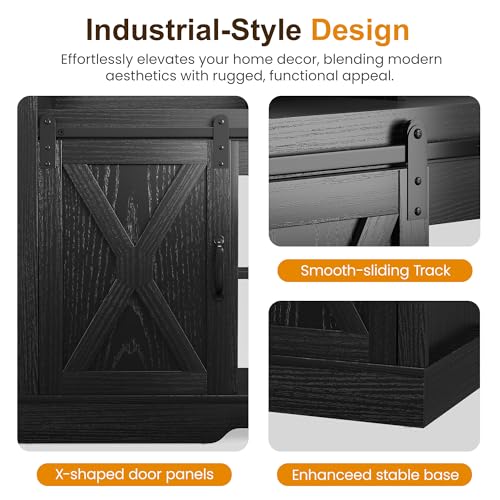 RoyalCraft Farmhouse Fireplace TV Stand for 65+ Inch TV, Entertainment Center with 23" Electric Fireplace with Remote, 34" Tall Modern Rustic TV Console with Sliding Bar Door for Living Room, Black - color: Black, style: Electric Fireplace Included