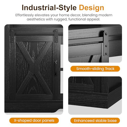 RoyalCraft Farmhouse Fireplace TV Stand for 65+ Inch TV, Entertainment Center with 23" Electric Fireplace with Remote, 34" Tall Modern Rustic TV Console with Sliding Bar Door for Living Room, Black - color: Black, style: Electric Fireplace Included