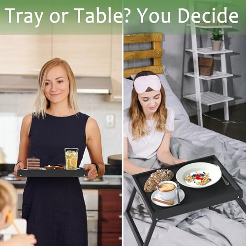 Bamboo Bed Tray Table with Folding Legs, Medium, Black | FSC-certified bamboo bed tray with folding legs, handles and raised edges for meals, reading, laptops and serving in bed. - color: Black, size: Medium