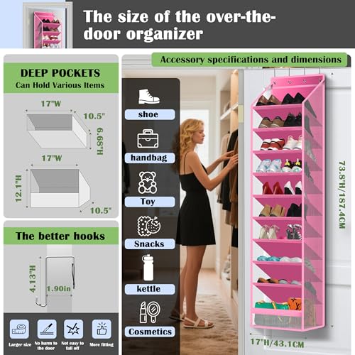 10 - Pocket Over - the - Door Hanging Shoe Organizers & Rack, Made of Sturdy 600D Oxford + Non - Woven Fabric, Space - Saving Storage for Shoes, Boots & More (Pink) - color: Pink
