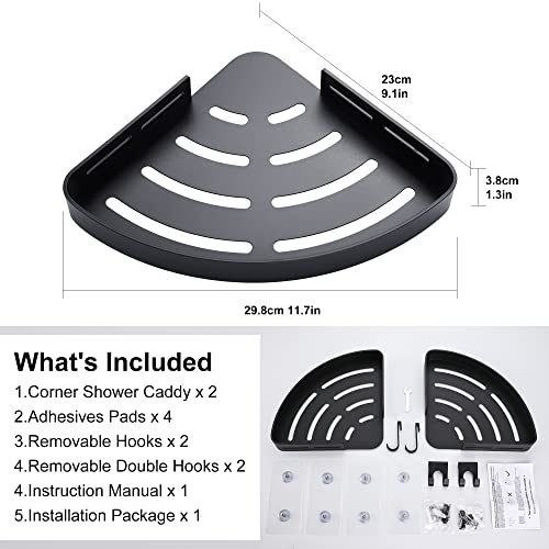 DUFU Adhesive Corner Shower Caddy with Hooks, Black, 2 Pack | Bathroom Shower Organizer, No Drilling, Rust Proof Aluminum Shower Shelf For Inside Shower - color: Black