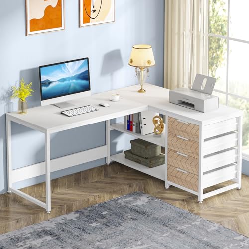 LITTLE TREE 59-Inch L Shaped Desk with Drawers, Large Computer Desk with Storage Shelves, Reversible L-Shaped Corner Desk Workstation for Home Office - color: White