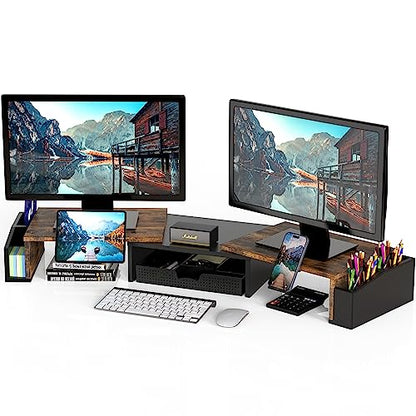 Simple Houseware Desk Dual Monitor Stand Riser with Drawer, Rustic Brown | Customizable Organizer Tray, Built-In Phone & Tablet Slot and Side Storage - color: Rustic Brown