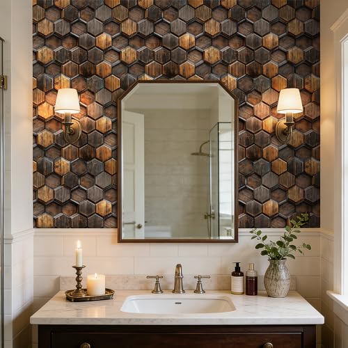 Log Cabin Wood Wallpaper Peel and Stick Wood Grain Contact Paper Dark Brown Walnut Waterproof Tile Wallpaper Kitchen Backsplash Geometric Hexagon Wall Panel Self Adhesive Removable 17.5x80 - size: 17.5x80 Inch