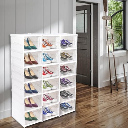Nicunom Foldable Shoe Rack Organizer, 6-Tier Shoe Storage Box Collapsible Plastic Shoe Shelf Clear Shoe Boxes with Doors, Stackable Shoe Storage Bins Shoe Organizer for Entryway Closet