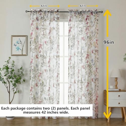 Crushed Sheer Curtains, 96 Inches Long, 2 Panels Set, Floral Printed Drapes for Living Room, Rod Pocket, Light Filtering Farmhouse Window Sheers Purple, (2 Panels, 42" x 96") - color: Purple/Multi, size: 42"W x 96"L (Pack of 2)