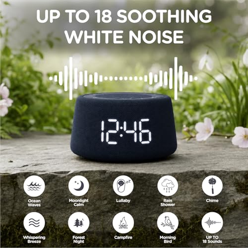White Noise Alarm Clock for Bedroom, Night Light, Bluetooth Audio | 18 soothing sounds, Bluetooth speaker, ambient light ring, adjustable alarm volume, USB charger, dimmable digital clock - color: Black