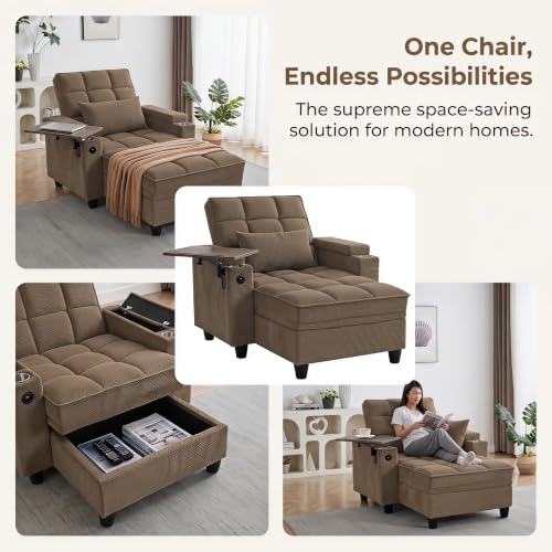 Convertible Sleeper Chair, Pull Out Sofa Bed with Adjustable Backrest & Hidden Storage Armrest, Single Sofa Recliner with USB Charging Port & Cup Holders for Living Room, Bedroom, Coffee - color: C-coffee-l2