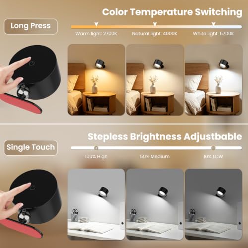 AKSDA 3Pack Battery Operated Wall Sconce, 3 Color Modes 3 Brightness Levels 360°Rotation Lighting Timer Touch & Remote Control, Wall Mounted Lamp LED Wall Lights for Bedroom Reading Bedside (Black) - color: Black-3PC