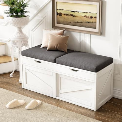 iPormis Shoe Storage Bench,40" Wide 2-Tier Shoe Bench with Padded Seat Cushion and Lift Top Storage,Entryway Bench with Adjustable Shelf,Wooden End of Bed Bench,White - color: Cream White