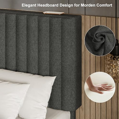 Einhomn Full Size Bed Frame with Headboard, Upholstered Linen Platform Bedframe with Solid Wooden Slats, Noise-Free, No Box Spring Needed, Easy Assembly, Dark Grey - color: Dark Grey, size: Full