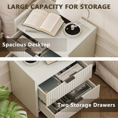 Nightstand with 2 Storage Drawers & Charging Station, Wooden Top Bedside Table for Bedroom,Suitable for Beside The Bed in The Bedroom, White (1pcs)