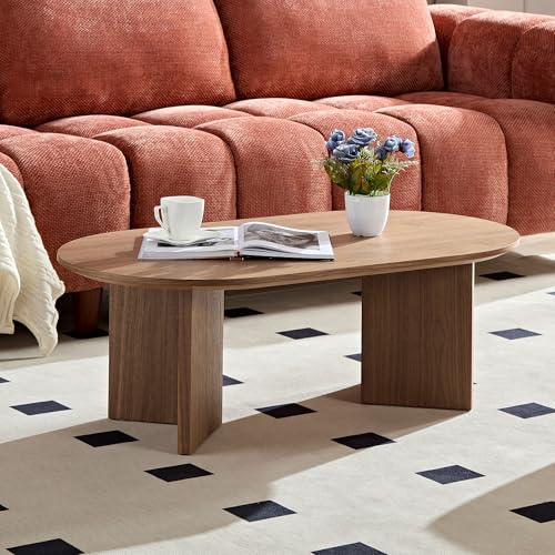 39.37'' Oval Coffee Table for Living Room, MDF Coffee Table Center Table for Bedroom, Modern Coffee Table End Table Side Table Accent Tea Table with Sturdy Pedestal for Apartment Office, Walnut - color: Walnut, size: 39.37"x21.65"x13.78"