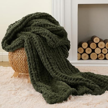 Olive Green Chunky Knit Throw Blanket, Knit Throw Blanket for Couch 50"x60" | Soft Thick Green Chenille Throw Blanket, Handmade Cable Knit Crochet Blanket for Bed, Sofa, Living Room - color: Olive Green