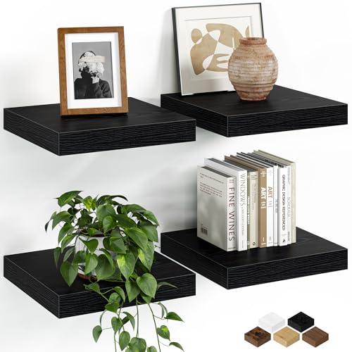 Fun Memories Floating Shelves for Wall, 9.3 Inch Set of 4 Rustic Wood Wall Shelves with Invisible Brackets, Heavy Duty Storage Display for Bathroom Bedroom Living Room Kitchen, Black - color: Black, size: 9.3"W x 9.3"D, Set of 4