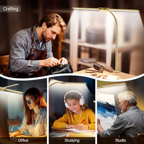Syrinx LED Desk Lamp for Office Home, Dual Head Eye-Care Architect Lamp | Gesture/Wired Control, Flexible Neck, Bright Desk Light with Memory/Timer, 50 Lighting Modes for Study, Drafting, Gold - color: Gold