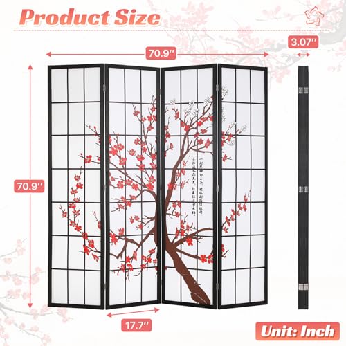 Japanese 4-Panel Screen Room Divider, 6Ft Folding Privacy Divider, White | Chinese Room Dividers, Wooden Freestanding Partition Screen with Plum Blossom