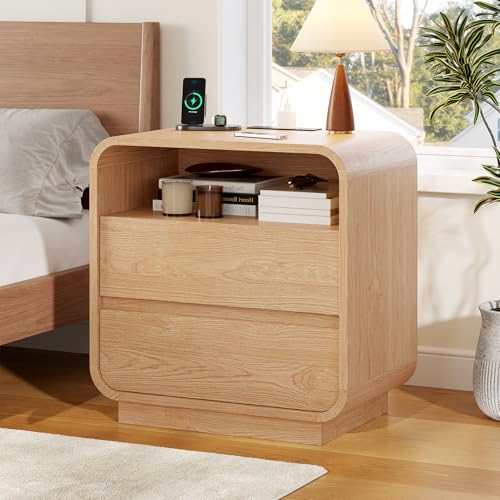 HAUOMS 23.6" Wide Wood Bedside Table, Curved Profile Design, Natural Oak | Charging Station, 2 Storage Drawers, 25" Tall Nightstand, Large Mid Century End Table, Bedroom/Living Room, Easy Assembly - color: Natural Oak