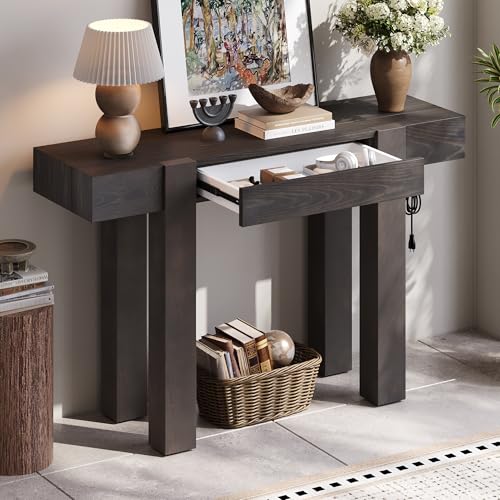 Rustic Console Table with Hidden Drawer, Wooden Sofa Table Behind Couch | Side Power Outlet,for Entryways, Living Room, Foyer, Espresso - color: Espresso