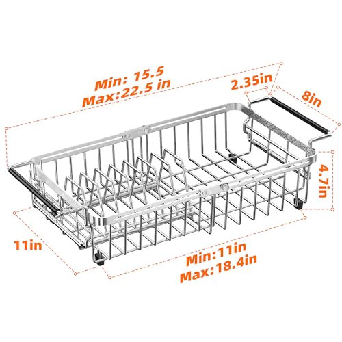 Expandable Dish Drying Rack in Sink,Stainless Steel Over The Sink Dish Drainer Drying Rack for Kitchen Counter,with Utensil Holder,Silver