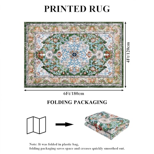 U'Artlines Boho Vintage Area Rug 4x6 Machine Washable Carpet, Green | Low Pile, Non Slip, Ultra-Thin Soft Floor Carpet, Accent Rug for Living Room Bedroom Dining Room Office - color: Green, size: 4' x 6' (Rectangular)