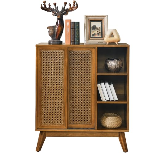 Mid Century Modern Small Rattan Sideboard Buffet Storage Cabinet | Real Wood Veneer Mid Century Storage Cabinet with Rattan Sliding Doors,Boho Bar Cabinet,Small Sideboard Buffet,Light Walnut - color: Light Walnut