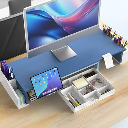 Simple Houseware Desk Dual Monitor Stand Riser with Drawer, Blue | Customizable Organizer Tray, Built-In Phone & Tablet Slot and Side Storage - color: Blue
