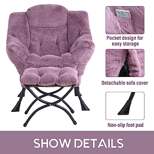Lazy Chair with Ottoman, Comfy Accent Reading Chair, Plush Purple | Foldable Footrest,Removable Cover,with Armrests and Side Pockets,Upholstered Lounge Chair for Bedroom,Dorm,Office,Small Space - color: Plush Purple