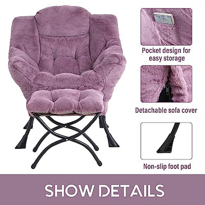 Lazy Chair with Ottoman, Comfy Accent Reading Chair, Plush Purple | Foldable Footrest,Removable Cover,with Armrests and Side Pockets,Upholstered Lounge Chair for Bedroom,Dorm,Office,Small Space - color: Plush Purple
