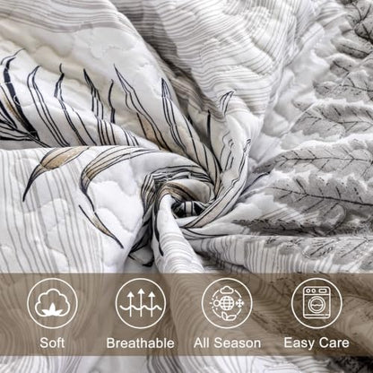 DJY Brown Quilts Queen Size Floral Leaves Bedspread Reversible Coverlet Set, Fall Quilt Bedding Set 3 Pieces Soft Lightweight Botanical Bedding Cover 96''x90'' - color: Brown White, size: Queen