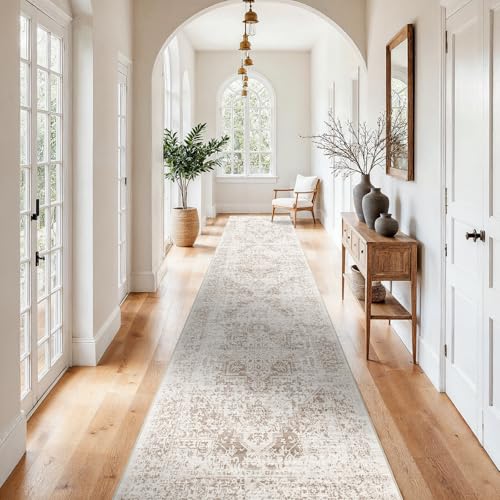 3x15 Washable Hallway Runner Rug: Long Vintage Soft Non Slip Rug IvoryBeige | Pet Friendly Water Resistant Low Pile Design Easy Clean Durable for Entryway Kitchen Living Room and High Traffic Areas - color: Ivory/Beige, size: 3x15
