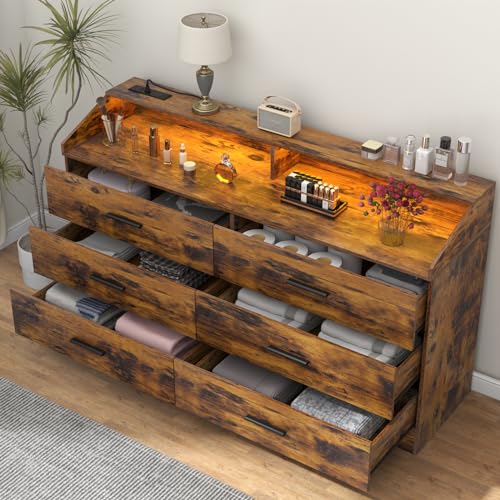 6 Drawer Dresser for Bedroom with Charging Station, Dresser with LED Light | Chest of Drawers for Closet, Modern Dressers with Open Storage Cubby, Double Wide Dressers - color: Brown