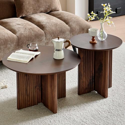 Fluted Round Nesting Coffee Table Set of 2, Mid Century Modern Wood Coffee Tables and End Table Set, Circle Side Table Minimalist Center Tables for Living Room, Office, Walnut - color: Walnut, size: Set of 2-Cross-leg Table
