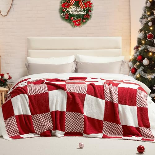 Snuggle Sac Checkered Blanket, Buffalo Plaid Checker, Lux Soft Fuzzy Cozy, Reversible Knitted, Red White, 60x80 inches - color: Checker Red White, size: Twin(60"x80")