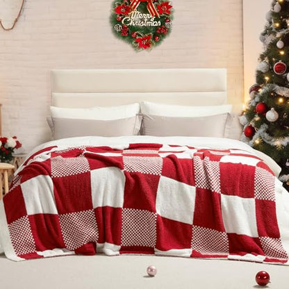 Snuggle Sac Checkered Blanket, Buffalo Plaid Checker, Lux Soft Fuzzy Cozy, Reversible Knitted, Red White, 60x80 inches - color: Checker Red White, size: Twin(60"x80")