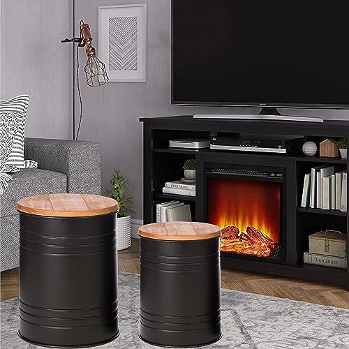 Glitzhome Rustic End Table Set of 2, Farmhouse Galvanized Metal Barrel Ottoman Storage Stool with Round Wood Lid for Living Room Furniture, Black - color: Black