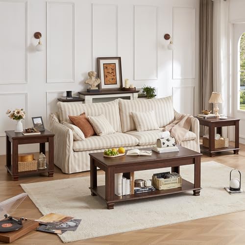 Farmhouse Coffee Table Set of 3, Walnut | Rustic Wood 3 Piece Coffee and End Table Sets with Open Shelf for Living Room - color: Walnut