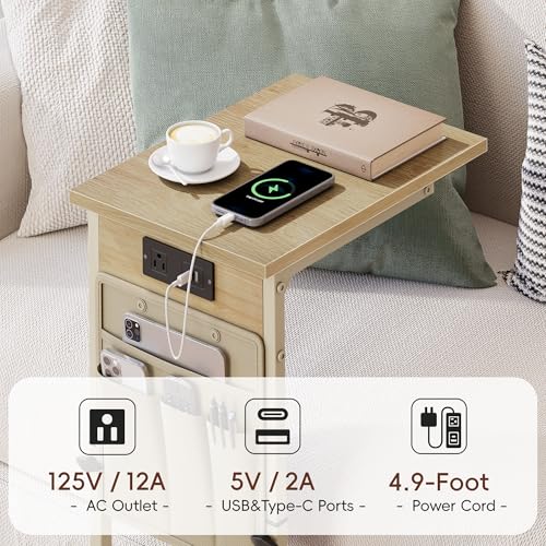 C Shaped End Table with Charging Station, Adjustable Height C Table End Table, Small Side Table for Couch, Couch Table Slide Under Sofa Table TV Tray Arm Table for Living Room,Bedroom,Natural - color: Natural Walnut, style: With Plug