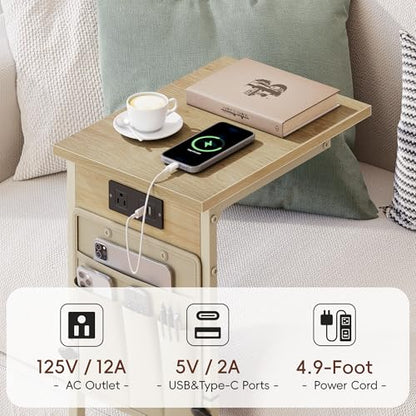 C Shaped End Table with Charging Station, Adjustable Height C Table End Table, Small Side Table for Couch, Couch Table Slide Under Sofa Table TV Tray Arm Table for Living Room,Bedroom,Natural - color: Natural Walnut, style: With Plug