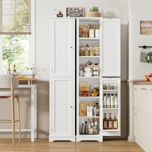 71" Tall Narrow Storage Cabinet with Reversible Doors, Small Pantry, White | Slim Kitchen Pantry with Adjustable Shelves, Spice Rack, Modern Narrow Cabinet for Bathroom, Living Room, Entryway