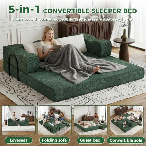 80" King Size Convertible Folding Sofa Bed, Loveseat for Small Spaces | Futon Couch with Memory Foam & 2 Pillows, Chenille Fabric, Apartment, Sleeper Sofa for Living Room, Studio (Green, 80in)